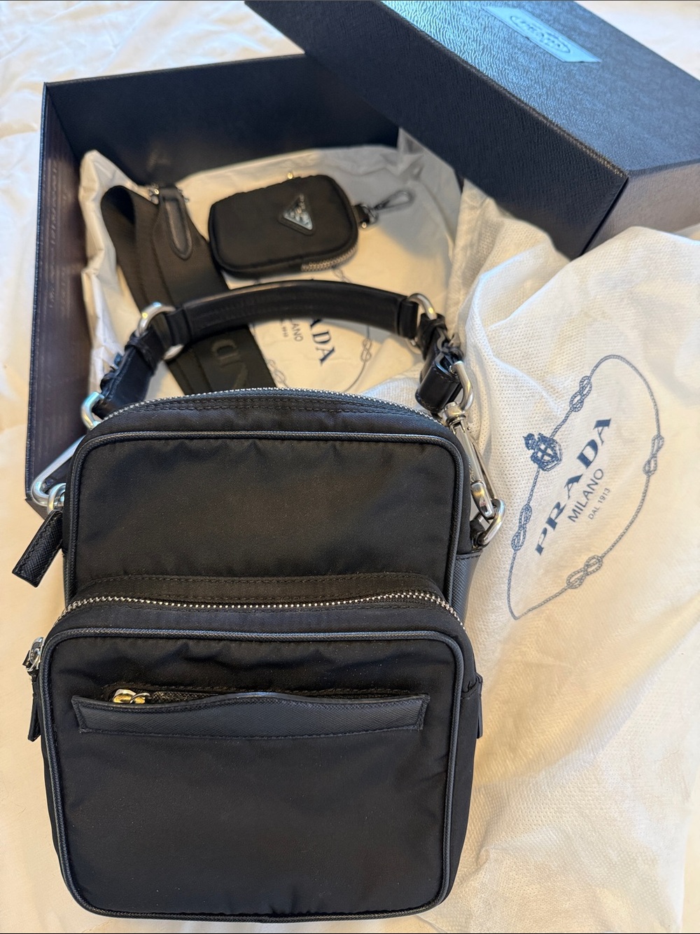 Prada Tessuto Black Crossbody Messenger Bag + Leather Shoulder Strap & Pouch - Picture 2 of 11